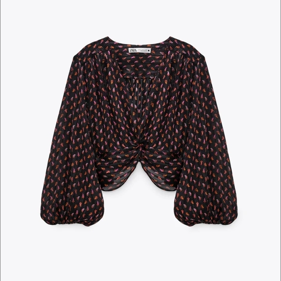 Zara Tops - Zara Satin Paisley Patterned Bell Sleeve Twist Front Cropped Sheer Blouse Medium